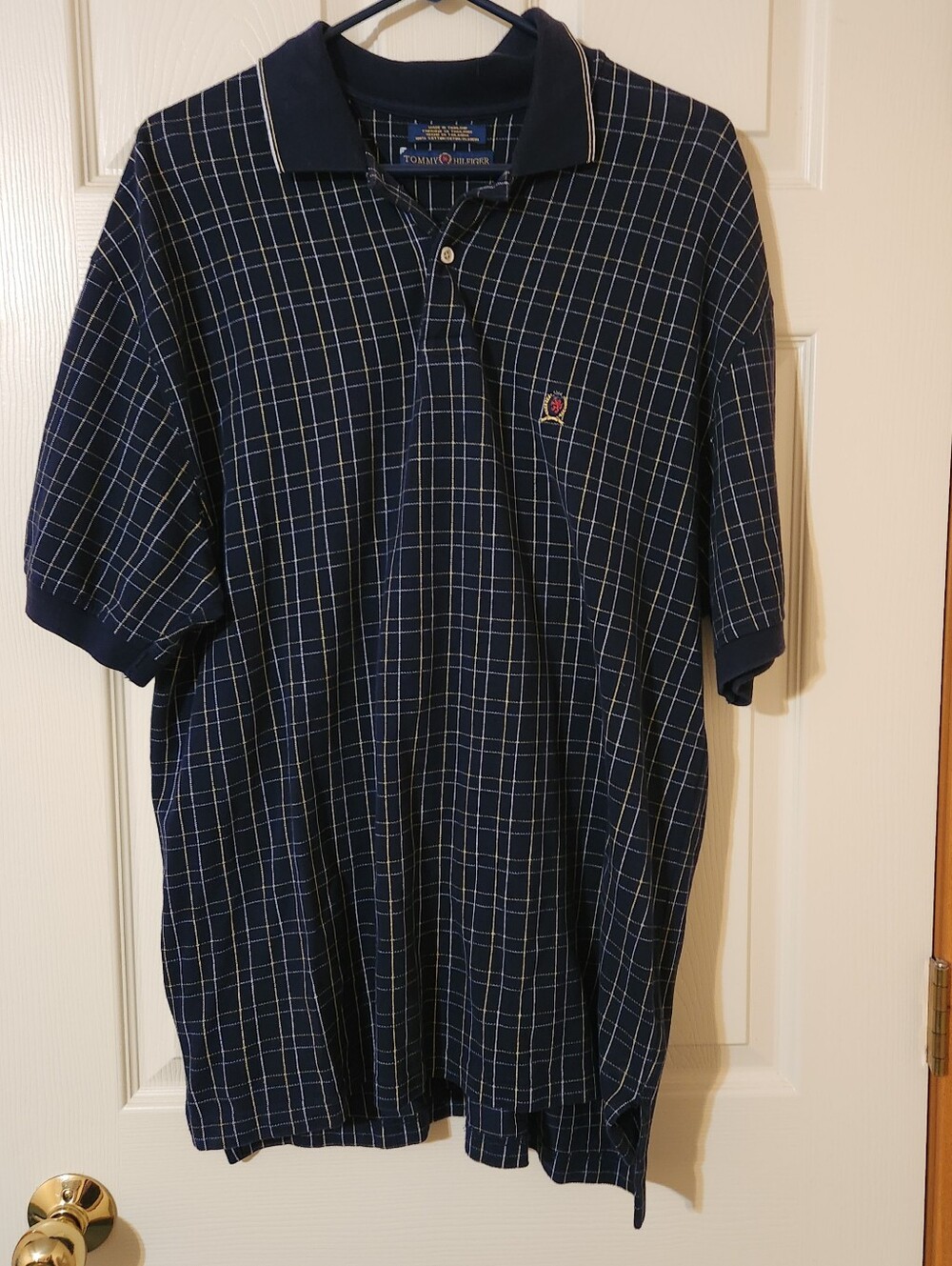 Vintage Tommy Hilfiger Polo Shirt Men’s Size L Windowpane  Plaid Crest Preppy